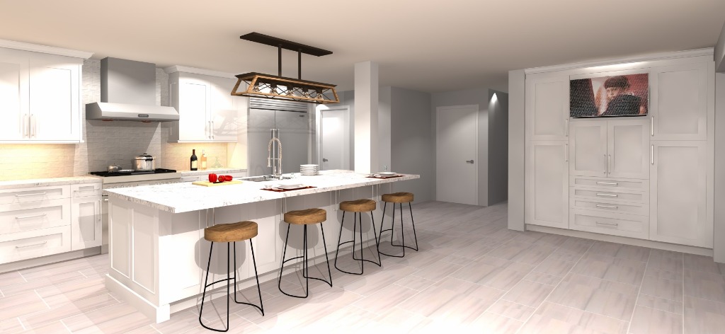 Modern white kitchen with a massive marble island and stools